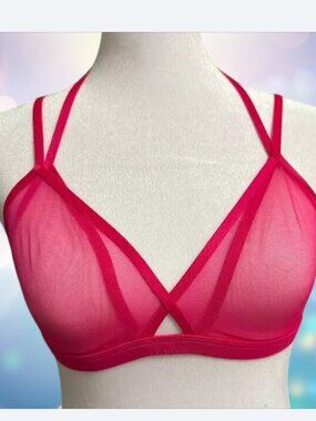 Victoria's Secret Hot Pink Sheer Mesh Bralette Halter Strappy Wireless Bra S